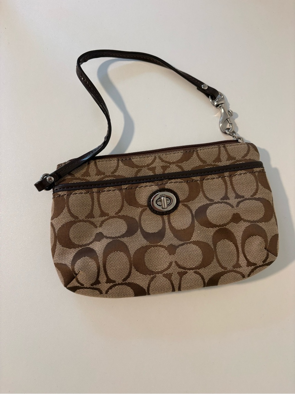 Coach Tan & Brown Signature Canvas Wristlet with Turnlock